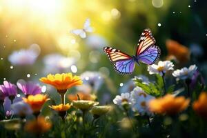 AI Generated Field blooming flower bright meadow spring butterfly beauty insect garden blossom photo