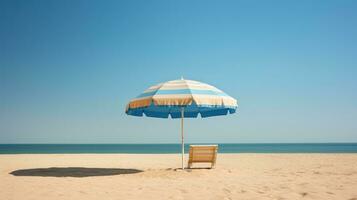 ai generado Oceano soleado tropical cielo viaje relajación agua arena paraguas recurso mar playa fiesta foto