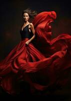 AI Generated Caucasian woman long red fashion elegance dress gown attractive model female lady photo