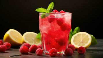 AI Generated Glass fresh raspberry freshness alcohol cold leaf cocktail red beverage mint sweet photo