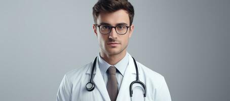 ai generado hermoso adulto uniforme masculino medicina médico joven médico salud confidente cuidado hospital foto