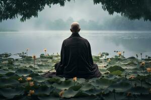 AI Generated Man meditating landscape water travel young relaxation lifestyle green sea sitting photo