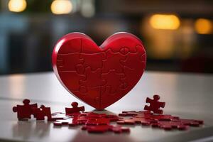 ai generado parte rojo pedazo romance juego romántico amor jugar concepto conectar corazón de madera rompecabezas foto