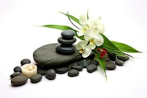 AI Generated Zen stones background pebble massage candle therapy green spa wellness aromatherapy photo