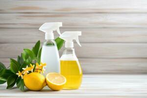 ai generado esencia aromático cuidado detergente casa Fresco Doméstico producto casa rociar amarillo foto