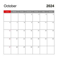 Wall calendar template for October 2024. Holiday and event planner, week starts on Sunday. vector