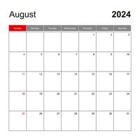Wall calendar template for August 2024. Holiday and event planner, week starts on Sunday. vector