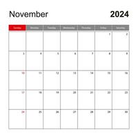 Wall calendar template for November 2024. Holiday and event planner, week starts on Sunday. vector