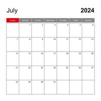 Wall calendar template for July 2024. Holiday and event planner, week starts on Sunday. vector