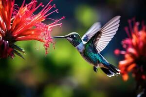 ai generado exótico trópico colibrí néctar cola ala naturaleza verde pico volador animal alimentación foto