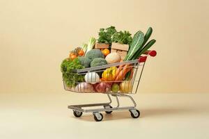 AI Generated Shopping organic food retail carrot store market buy tomato full healthy vegetables photo