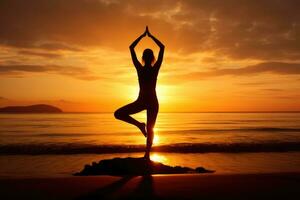 ai generado paz mujer salud playa ejercicio naturaleza aptitud Dom silueta mar puesta de sol joven foto