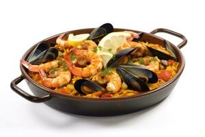 AI Generated Dinner spanish seafood saffron fish cooked mediterranean healthy pan shellfish food photo