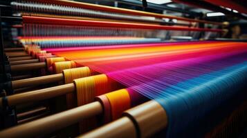 ai generado seda tela industrial producción fabricar textil paño antecedentes algodón máquina foto