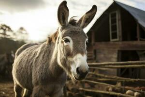 AI Generated Animals rural head closeup mule cute funny pasture domesticated brown pet donkey photo