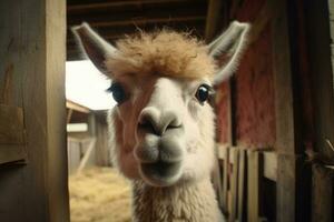 ai generado animales retrato agricultura hermosa piel alpaca llama mamífero linda cabeza lama salvaje blanco foto