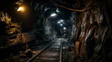 ai generado subterráneo oscuro sucio caverna cobre interior oro dentro minería carbón túnel corredor foto