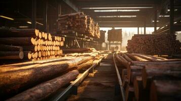 ai generado industrial Tablas de madera Iniciar sesión material antecedentes silvicultura de madera árbol apilar aserradero foto