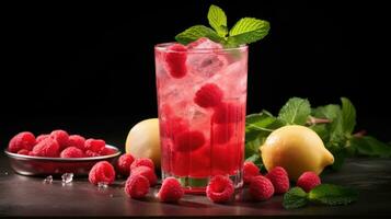 AI Generated Summer juice soda sweet mint cool red cold fruit drink raspberry background ice fresh photo