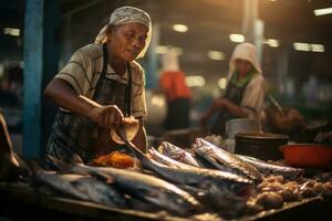 AI Generated Woman street city fresh fish trade person asia food seafood culture asian travel stall photo