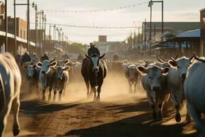 ai generado vaquero dirigir animales vacas agricultura vaca salvaje vaquera naturaleza rodeo mamífero tradicion foto