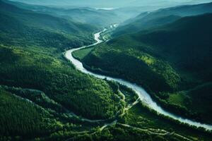 ai generado ambiente montañas verde viaje bosque aéreo árbol paisaje naturaleza ver río Valle foto