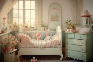 AI Generated Crib modern room child bedding light furniture cot background toy design nursery photo