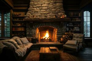 AI Generated Room log interior house fireplace winter red warmth wood hearth flames heat stone home photo