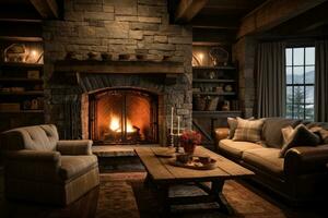 AI Generated Fire design traditional stone rustic house style chair old fireplace home room photo