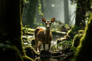 ai generado joven hembra ciervo salvaje adular animal linda naturaleza mamífero dólar verde marrón parque césped foto