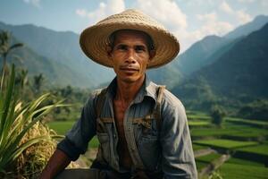 AI Generated Man rural tradition asian face village ethnicity asia smile farmer farm hat culture photo