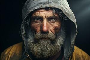 AI Generated Face man white male sad winter background homeless looking person grandfather old beard photo