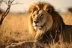 ai generado fauna silvestre grande safari mamífero Rey africano carnívoro masculino gato melena felino África depredador foto
