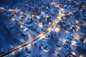 AI Generated Sky city snow view winter forest town background cold aerial nature travel season photo