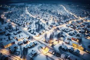 AI Generated Russia urban cold snow view street outdoors town aerial winter building village houses photo