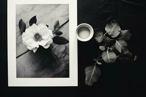 ai generado floreciente taza bebida de madera decoración de cerca hojas flores diseño antecedentes planta foto