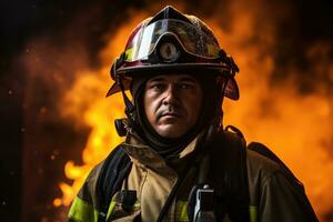 ai generado Servicio casco fuego bombero uniforme incombustible profesional rescate en pie ocupación foto