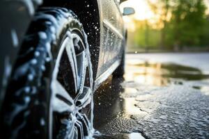 AI Generated Tire urban wheel clean water street road automobile vehicle rain wet splashing photo