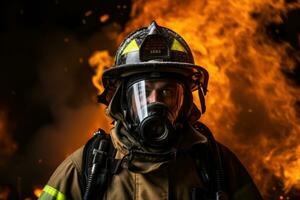 ai generado hombre Servicio héroe trabajo casco persona la seguridad bombero en pie fuego bombero emergencia foto