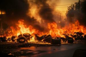 ai generado quemar bombero calor peligro noche policía negro emergencia fuego destrucción fuego caliente foto