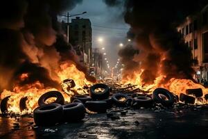 ai generado desastre fumar policía alboroto revolución fuego protesta Huelga vandalismo calle coche foto