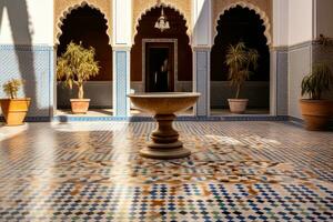 ai generado marrakech edificio pared loseta mosaico Marruecos islam palacio cultura árabe diseño modelo foto