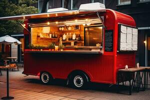 ai generado bocadillo rápido comida móvil café urbano ciudad calle céntrico turista coche tienda vehículo foto