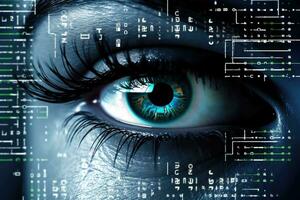 AI Generated Woman information iris scan interface computer eye protection communication identity photo