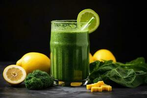 AI Generated Organic fresh dieting ingredient vitamin fruit food background glass detox smoothie photo