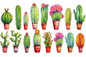 AI Generated Green background garden succulent set cactus watercolor desert plant summer floral photo