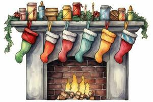 AI Generated Holiday interior year stocking decoration fire present home christmas fireplace merry photo
