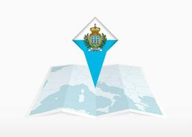 San Marino is depicted on a folded paper map and pinned location marker with flag of San Marino. vector