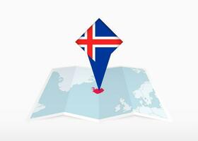 Iceland is depicted on a folded paper map and pinned location marker with flag of Iceland. vector