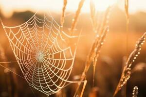AI Generated Spider shine plant spiderweb network grass net sunlight mist green autumn insect web photo
